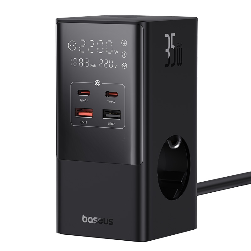 Bộ Sạc Nhanh OS-Baseus PowerCombo Tower Digital PowerStrip 3AC+2U+2C 35W (Chân cắm tròn, chiều dài dây 1.5m)