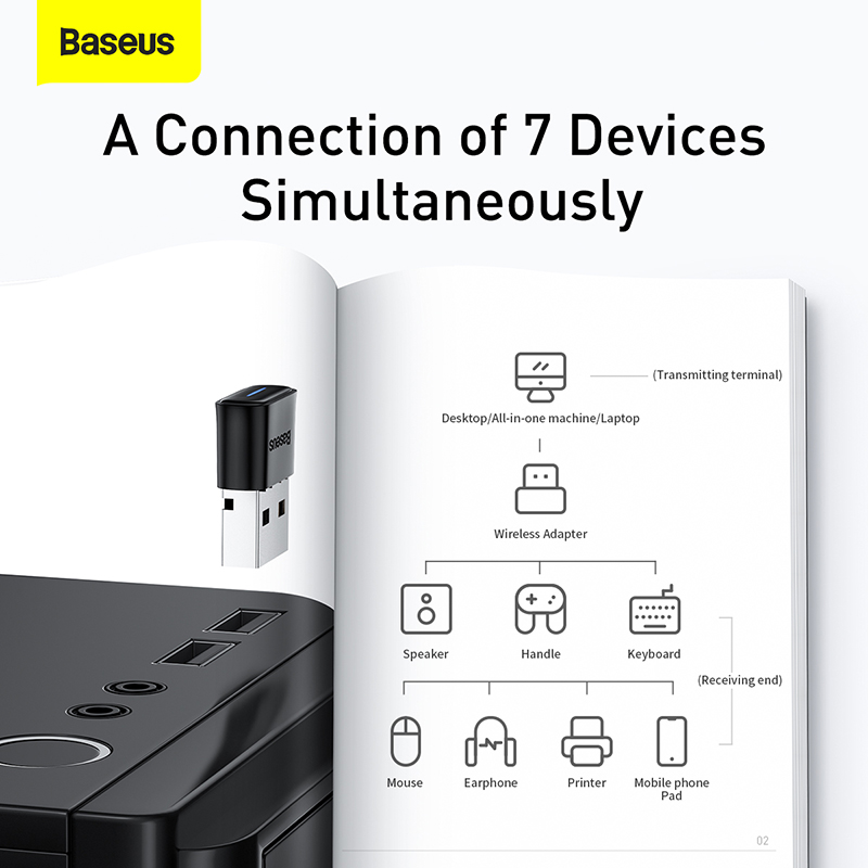 USB Bluetooth Adapter Baseus BA04  | Kết Nối Plug & Play, Hỗ Trợ Kết Nối 7 Thiết Bị Cùng Lúc