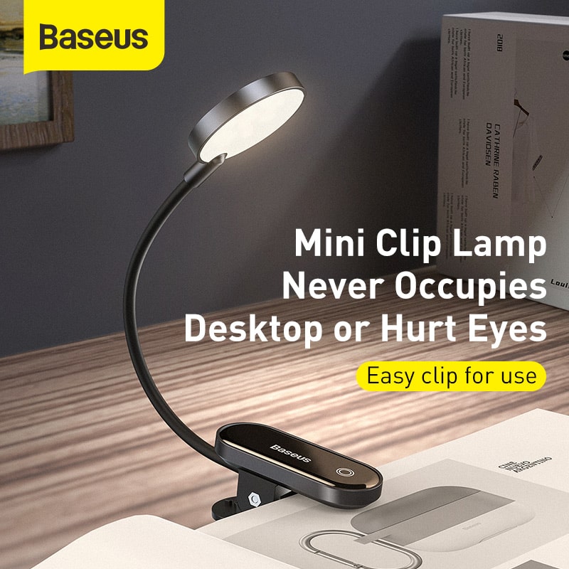 Đèn Kẹp Sách Mini Baseus | Kẹp Đa Năng, Không Dây, Bảo Vệ Mắt, 3 Mức Sáng