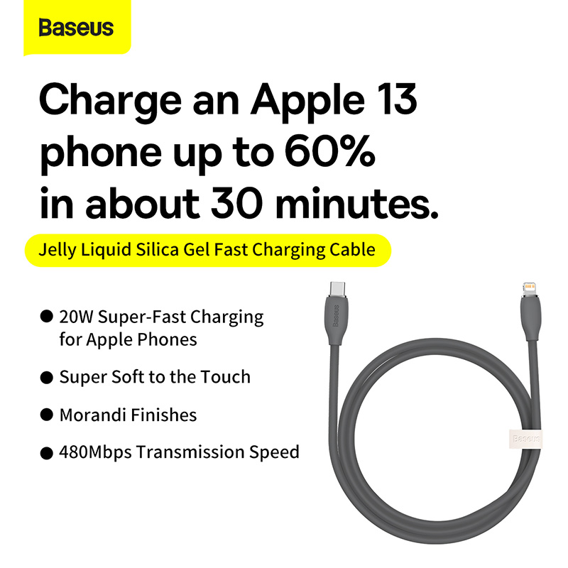 Cáp Sạc Baseus Jelly 20W Type-C to Ln | Mềm Mại Chống Rối, Sạc Nhanh An Toàn