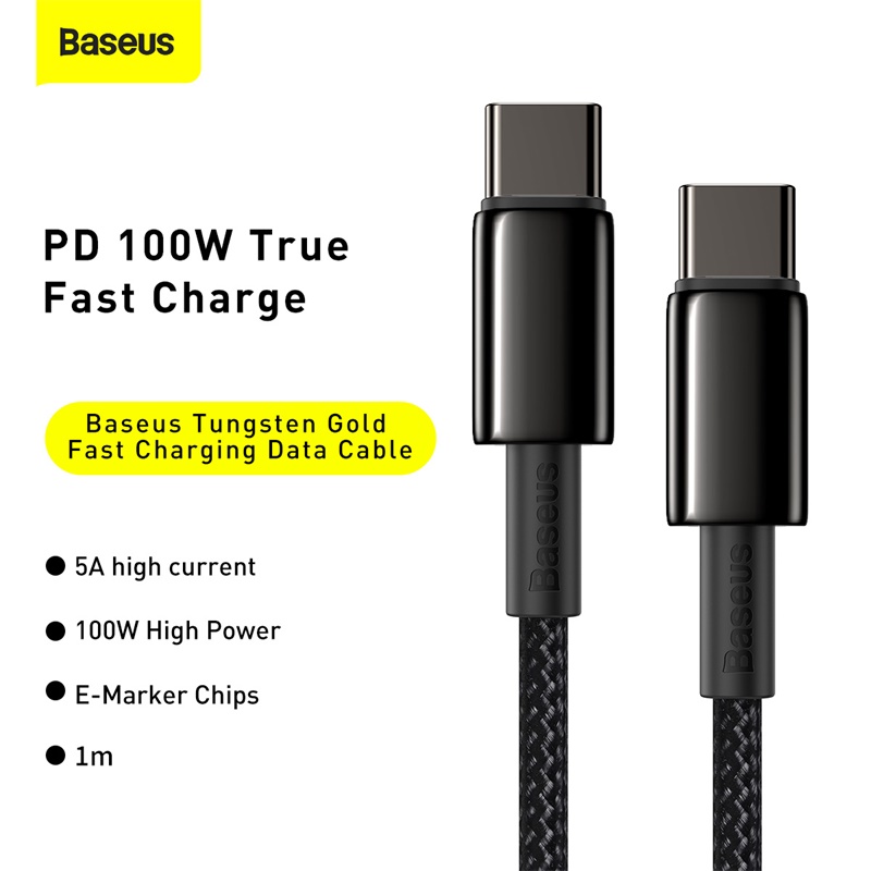Cáp Sạc Nhanh Baseus Tungsten Gold Type-C to Type-C 100W | Dây Dù Siêu Bền, Sạc Laptop, Điện Thoại