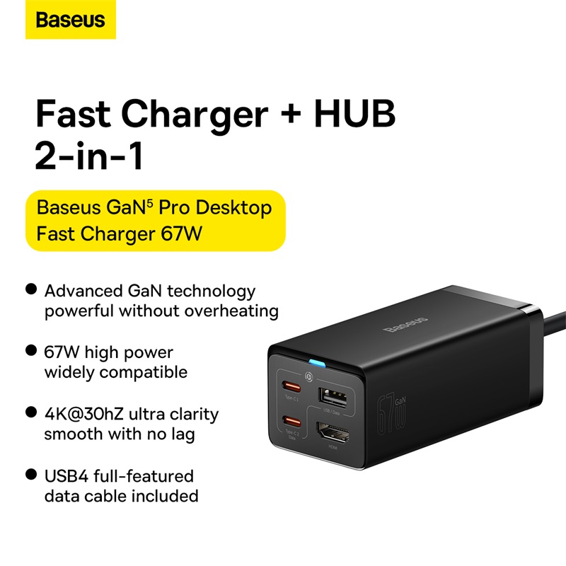 Củ Sạc Kiêm Hub Baseus GaN5 Pro 67W | 4 Cổng HDMI 4K, 2 Type-C, USB, Tặng Cáp USB4 100W