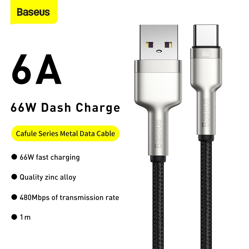 Cáp Sạc Baseus Cafule USB to Type-C 66W (6A) | Hợp Kim Kẽm, Dây Dù Chống Đứt