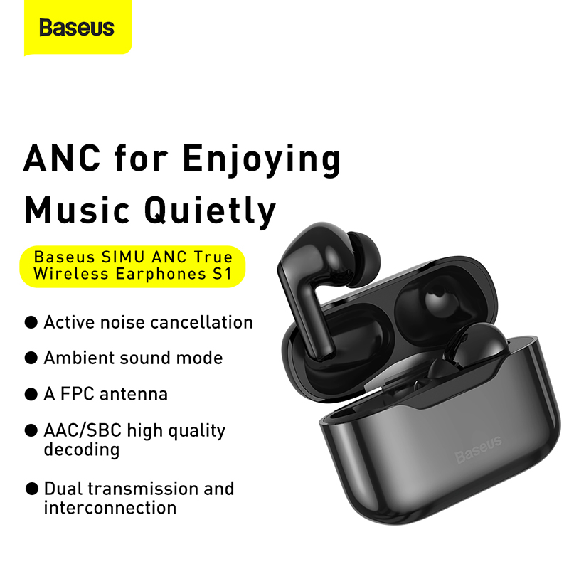 Tai nghe TWS chống ồn chủ động Baseus SIMU ANC S1 True Wireless Earphone (Chống ồn chủ động, Xuyên Âm, Hi Fi/ Stereo, AAC/SBS, Dual Core DSP)