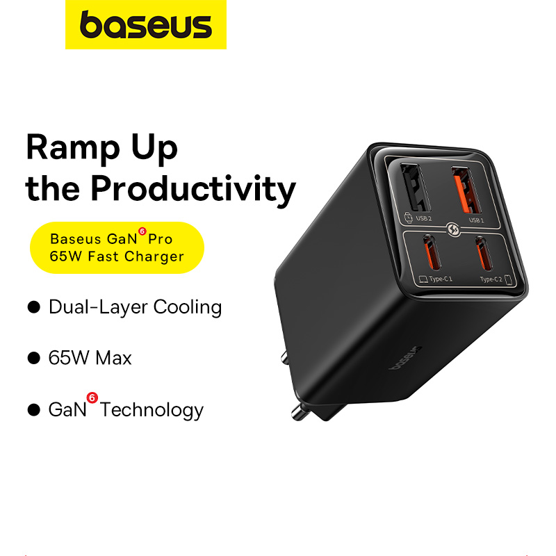 Cốc Sạc Nhanh OS-Baseus GaN6 Pro Fast Charger 2C+2U 65W (Chân cắm tròn, Kèm cáp C to C, 100W, 1m)