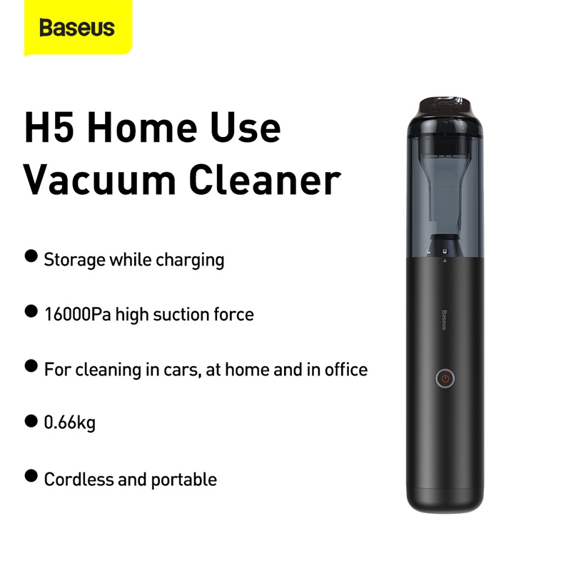 Máy Hút Bụi Cầm Tay Không Dây Baseus H5 | Lực Hút 16000Pa, Pin Trâu, Kèm Đế Sạc, Lọc Bụi, Gọn Nhẹ