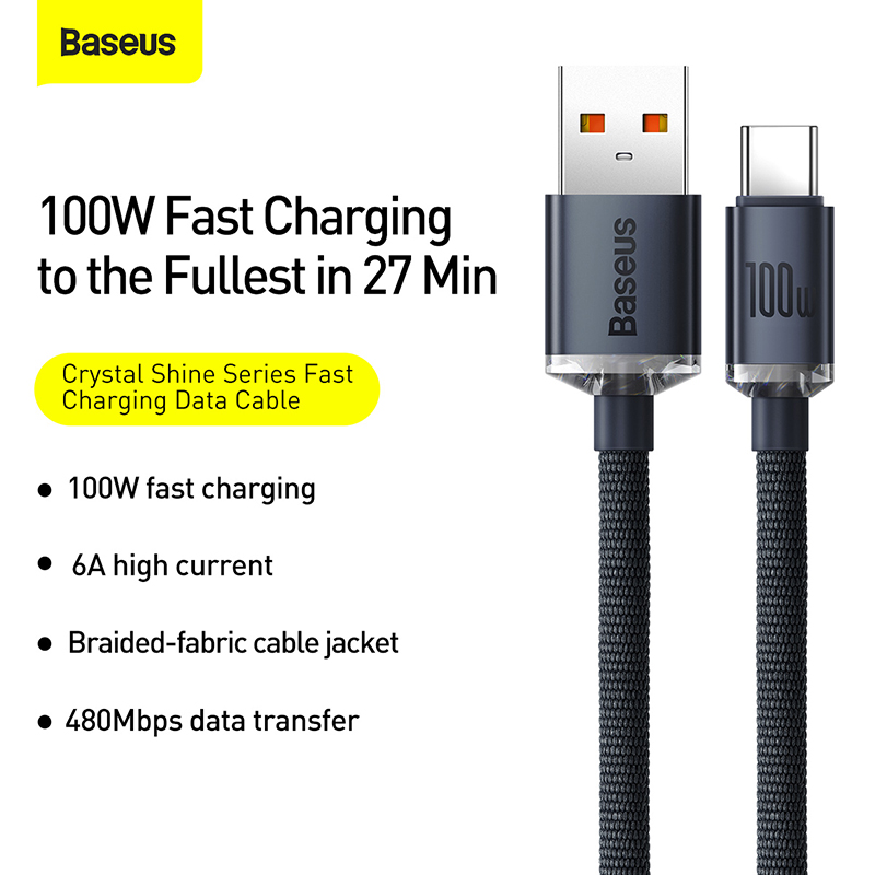 Cáp Sạc Baseus Crystal Shine USB to Type-C 100W | Dây Dù Siêu Bền, Hỗ Trợ Dòng Điện 6A Max