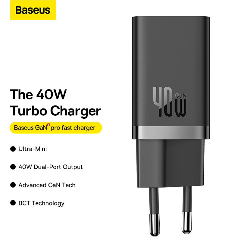 Cốc Sạc Nhanh Nhỏ Gọn OS-Baseus GaN5 Pro Fast Charger C+C 40W EU (Chân cắm tròn)