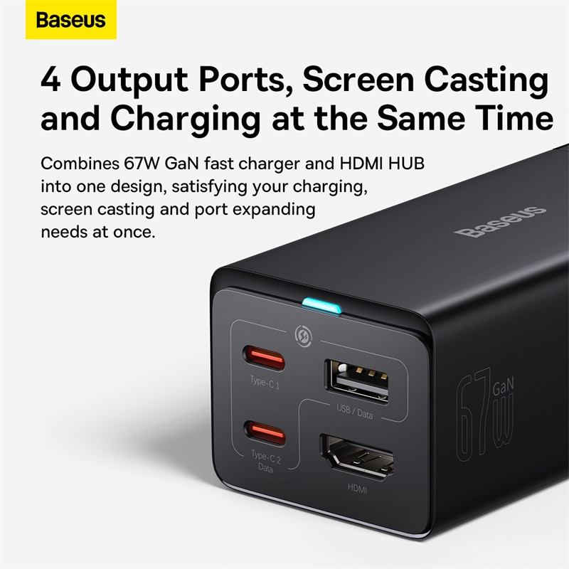 Củ Sạc Kiêm Hub Baseus GaN5 Pro 67W | 4 Cổng HDMI 4K, 2 Type-C, USB, Tặng Cáp USB4 100W