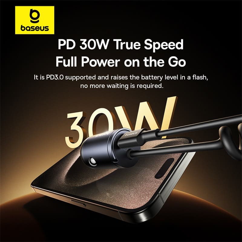 Tẩu Sạc Baseus 30W Kèm Cáp Lò Xo | Sạc 2 Thiết Bị, Có Tay Cầm Kéo Ra Tiện Lợi