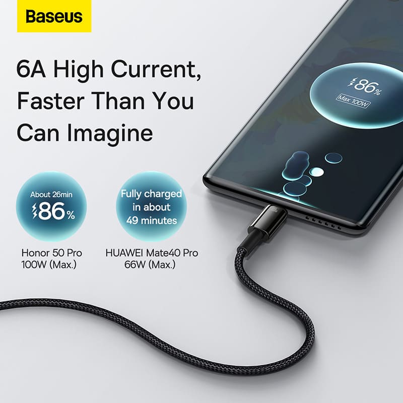 Cáp Sạc Nhanh Baseus 100W 6A USB to Type-C | Dòng Tungsten Gold, Hợp Kim Kẽm, Dây Dù