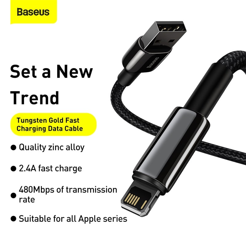 Cáp Sạc Baseus Tungsten Gold 2.4A USB to Ln | Đầu Kim Loại, Bện Dù Chống Đứt