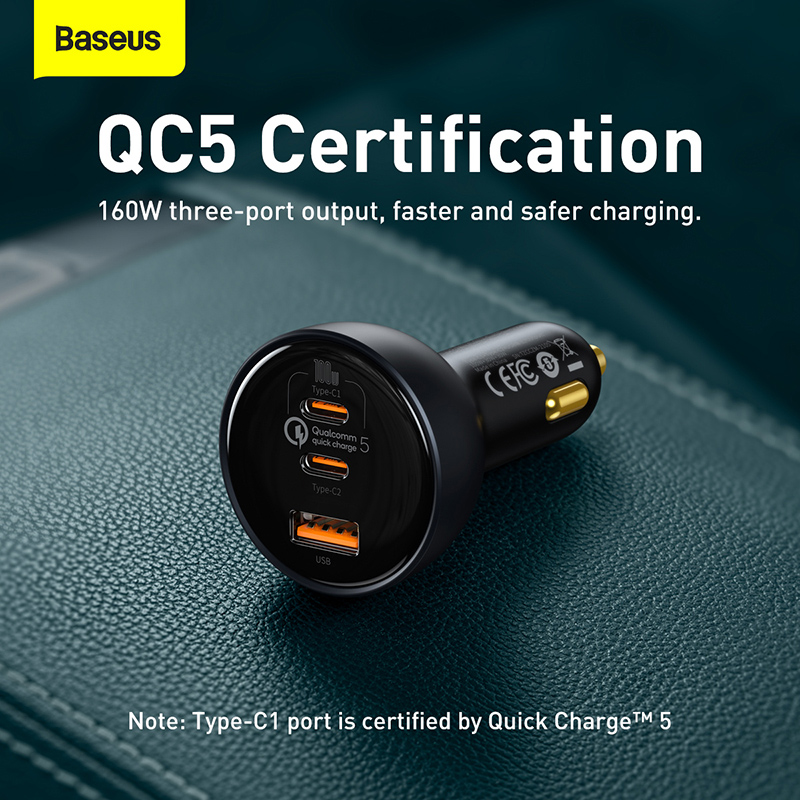 Tẩu Sạc Baseus 160W Quick Charge™ 5 | 2 Type-C + USB, Sạc Nhanh Laptop Điện Thoại, Kèm Cáp 100W