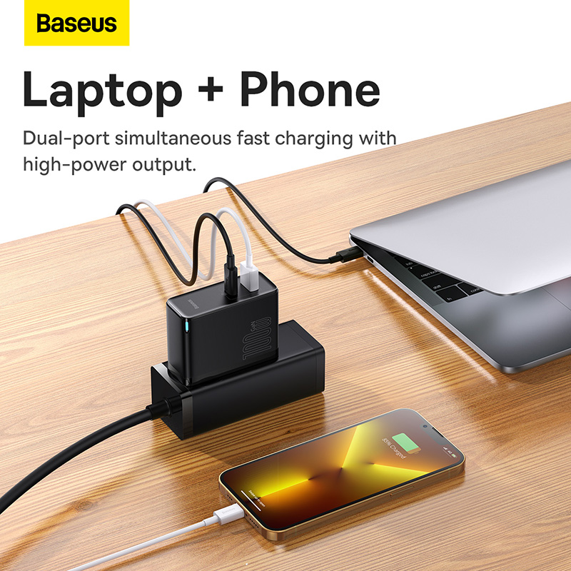 Bộ Sạc Baseus GaN5 Pro 100W | 2 Cổng Type-C & USB, Kèm Cáp, Sạc Laptop, Macbook & Điện Thoại