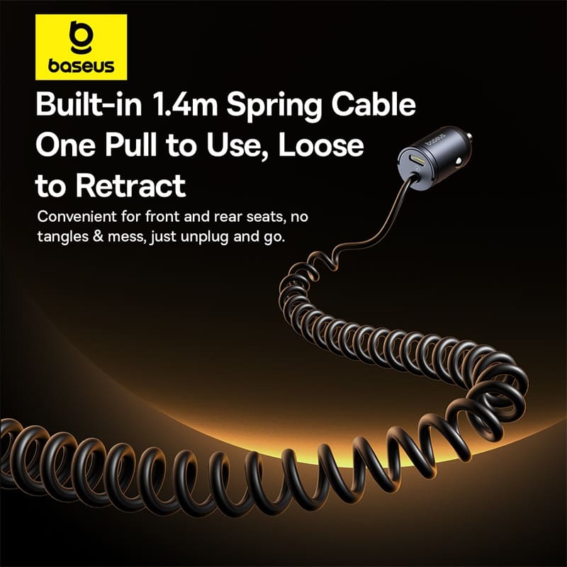 Tẩu Sạc Baseus 30W Kèm Cáp Lò Xo | Sạc 2 Thiết Bị, Có Tay Cầm Kéo Ra Tiện Lợi