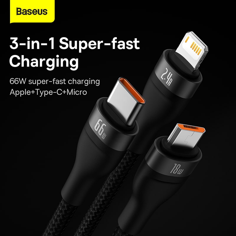 Cáp Sạc Nhanh Baseus Flash II 3 trong 1 | Có Đèn Báo Sạc Nhanh, Hỗ Trợ 66W, USB to M+L+C