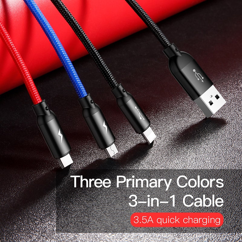 Cáp Sạc Đa Năng Baseus 3 Màu 3.5A | 3 trong 1 USB to  M+L+C, Chống Rối, Dây Dù Bền