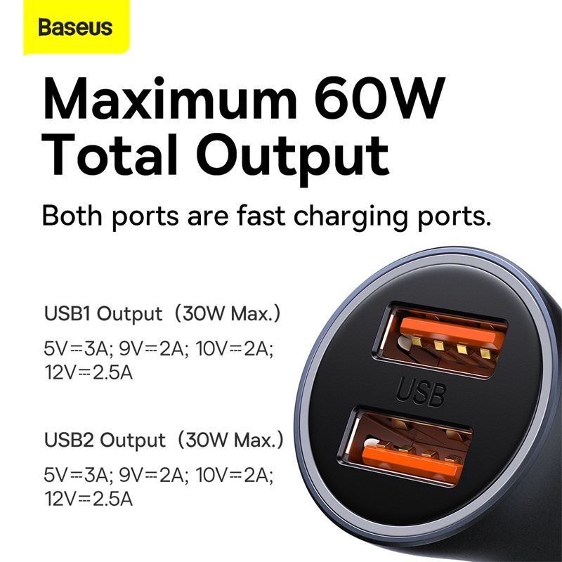 Tẩu Sạc Nhanh Baseus Golden Contactor Max 60W | 2 Cổng Sạc Nhanh QC PD Đèn LED Cho Mọi Dòng Xe Hơi