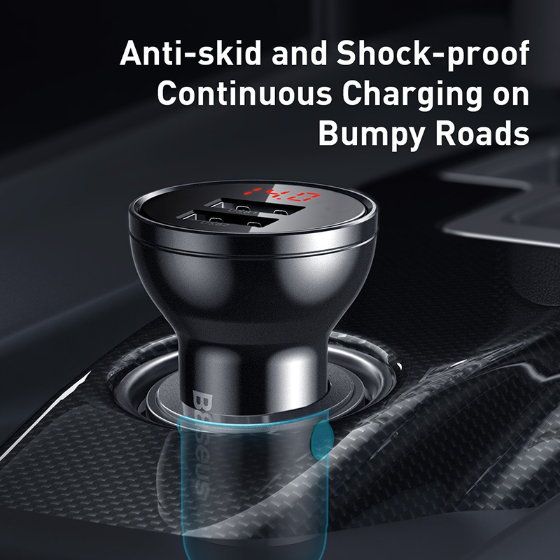 Tẩu Sạc Ô Tô Baseus 24W 2 Cổng USB | Màn Hình LED Hiển Thị Điện Áp Vỏ Nhôm Nguyên Khối Cho Xe Hơi