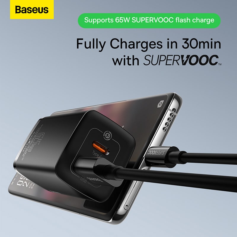 Củ Sạc Nhanh Baseus GaN2 Lite 65W | Hỗ Trợ SUPERVOOC, 2 Cổng Type-C & USB, Sạc Nhanh 2 Cổng 45W+20W