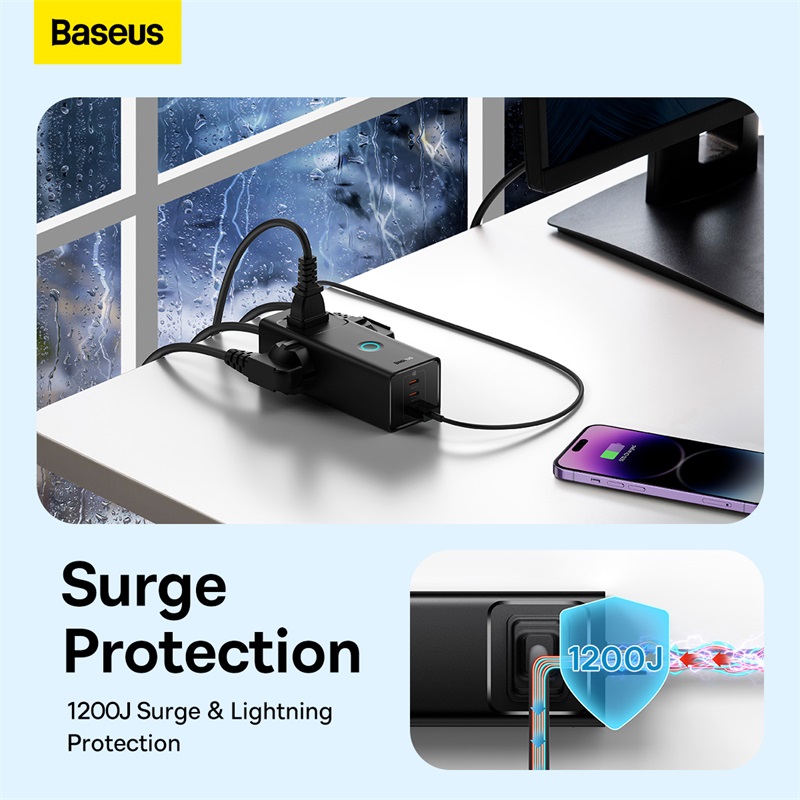 Bộ Sạc Baseus PowerCombo 6 trong 1 | Kèm Sạc Nhanh 20W GaN, Chống Sét, 3AC 2Type-C 1USB