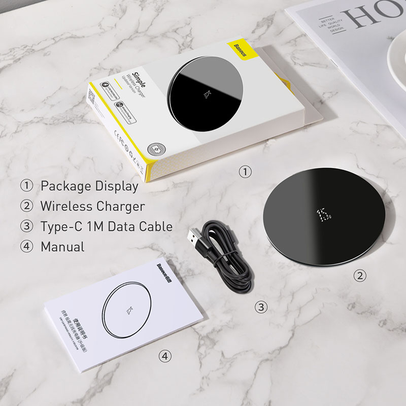 Đế Sạc Không Dây Baseus Simple 15W | Bản Nâng Cấp, Mặt Kính Trong Suốt, Sạc Nhanh