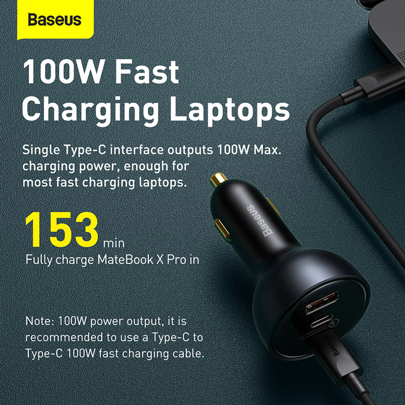 Tẩu Sạc Baseus 160W Quick Charge™ 5 | 2 Type-C + USB, Sạc Nhanh Laptop Điện Thoại, Kèm Cáp 100W