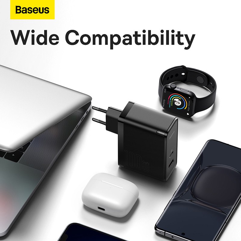 Bộ Sạc Baseus GaN5 Pro 100W | 2 Cổng Type-C & USB, Kèm Cáp, Sạc Laptop, Macbook & Điện Thoại
