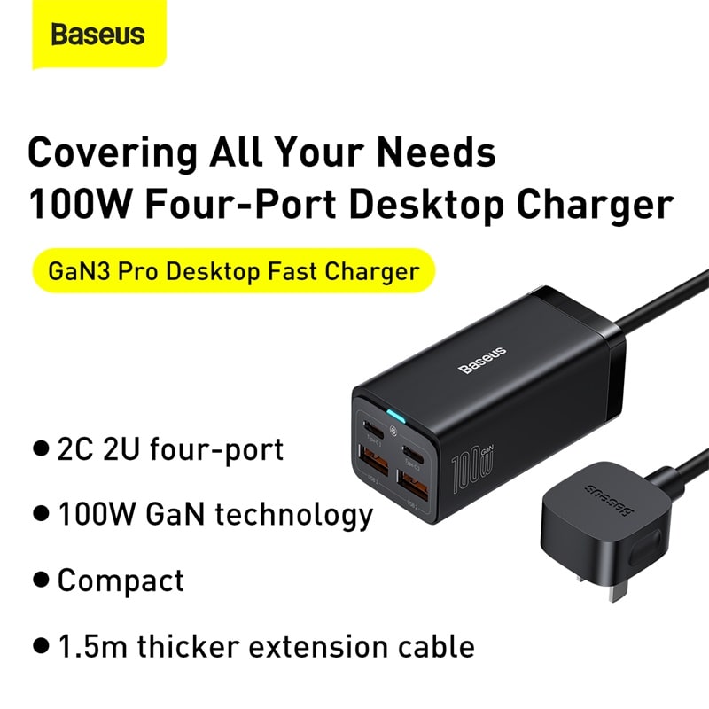 Bộ Sạc Baseus GaN3 Pro 100W Để Bàn | 4 Cổng (2C+2U) Sạc Nhanh Laptop & Điện Thoại