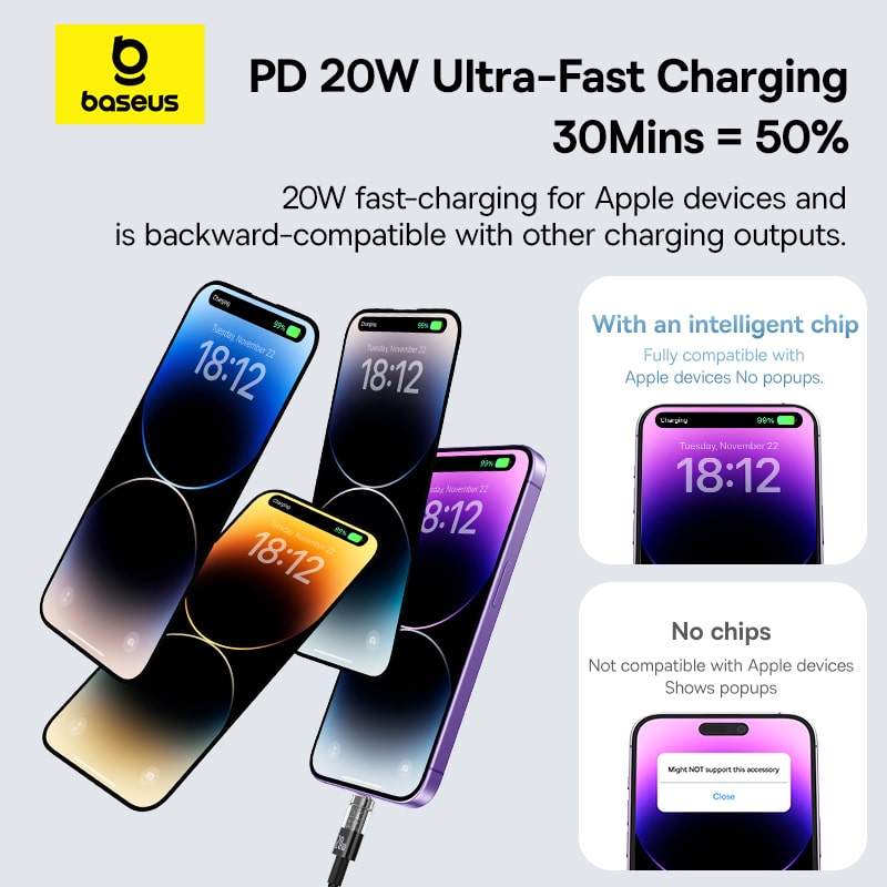 Cáp Sạc Baseus Gem 20W Type-C to Ln | Sạc Nhanh PD, Bền Bỉ, Chính Hãng