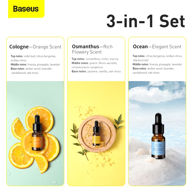 Tinh Dầu Baseus Set 3 Mùi | Khử Mùi Ô Tô, Văn Phòng, Chiết Xuất Thực Vật, 10ml