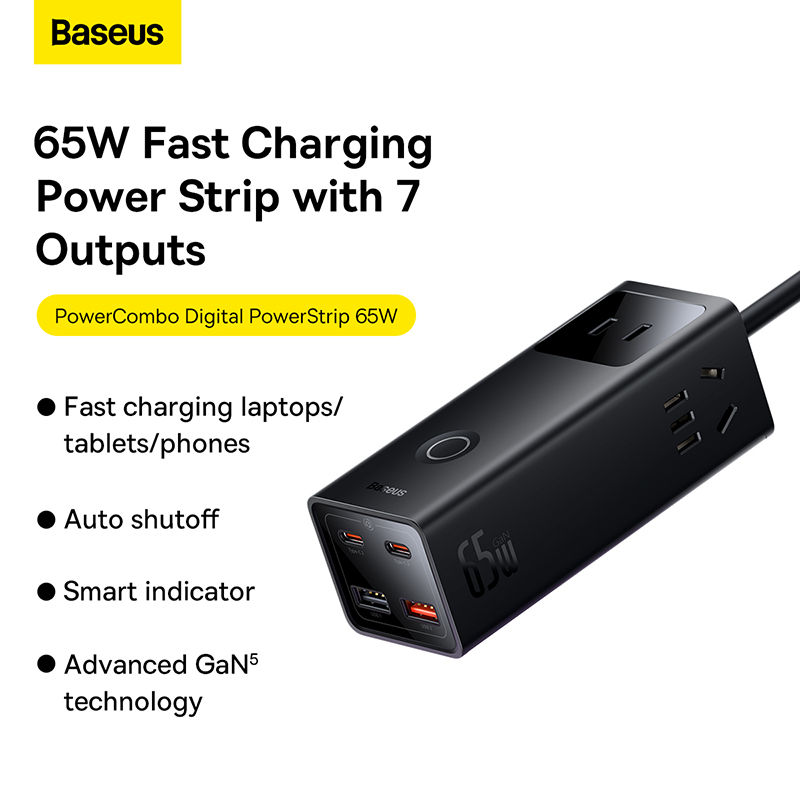 Trạm Sạc GaN5 Baseus 65W 7 Cổng | 3AC, 2Type-C, 2USB, Chống Sét, Tự Ngắt, Nút Cảm Ứng