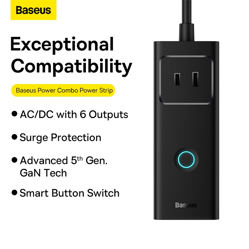 Bộ Sạc Baseus PowerCombo 6 trong 1 | Kèm Sạc Nhanh 20W GaN, Chống Sét, 3AC 2Type-C 1USB