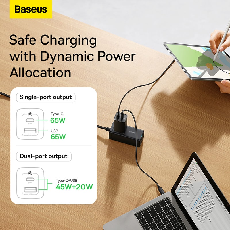 Củ Sạc Nhanh Baseus GaN2 Lite 65W | Hỗ Trợ SUPERVOOC, 2 Cổng Type-C & USB, Sạc Nhanh 2 Cổng 45W+20W