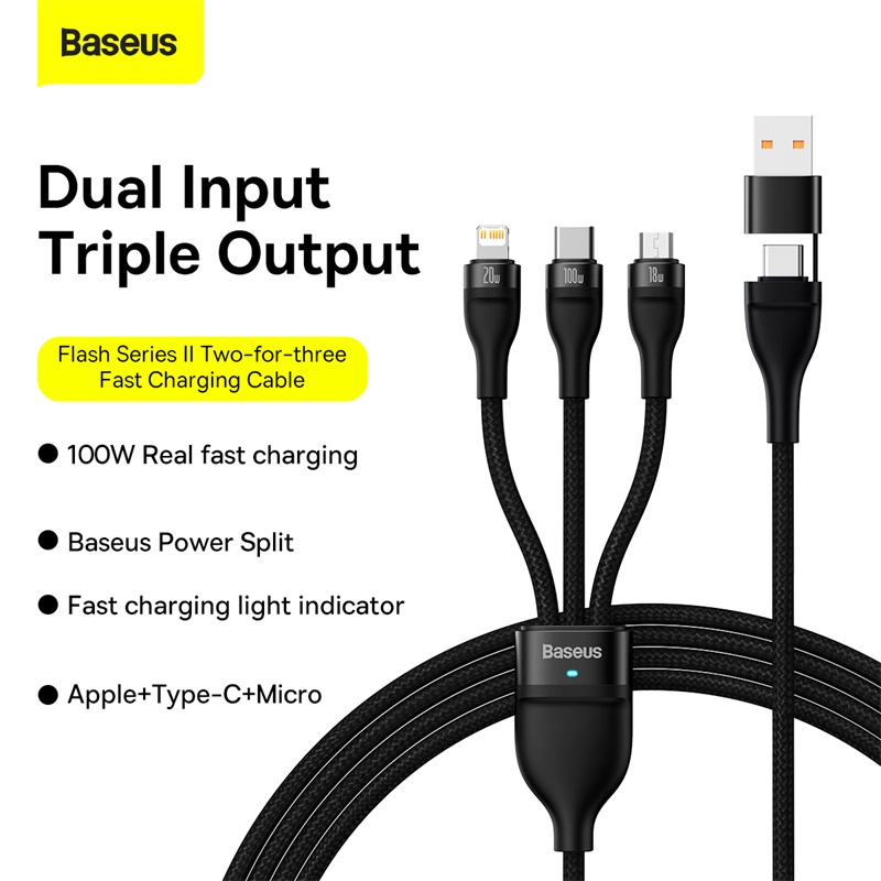 Cáp sạc nhanh 3 đầu Baseus Flash Series Ⅱ PRO Two-for-three Charging Cable U+C to M+L+C 100W