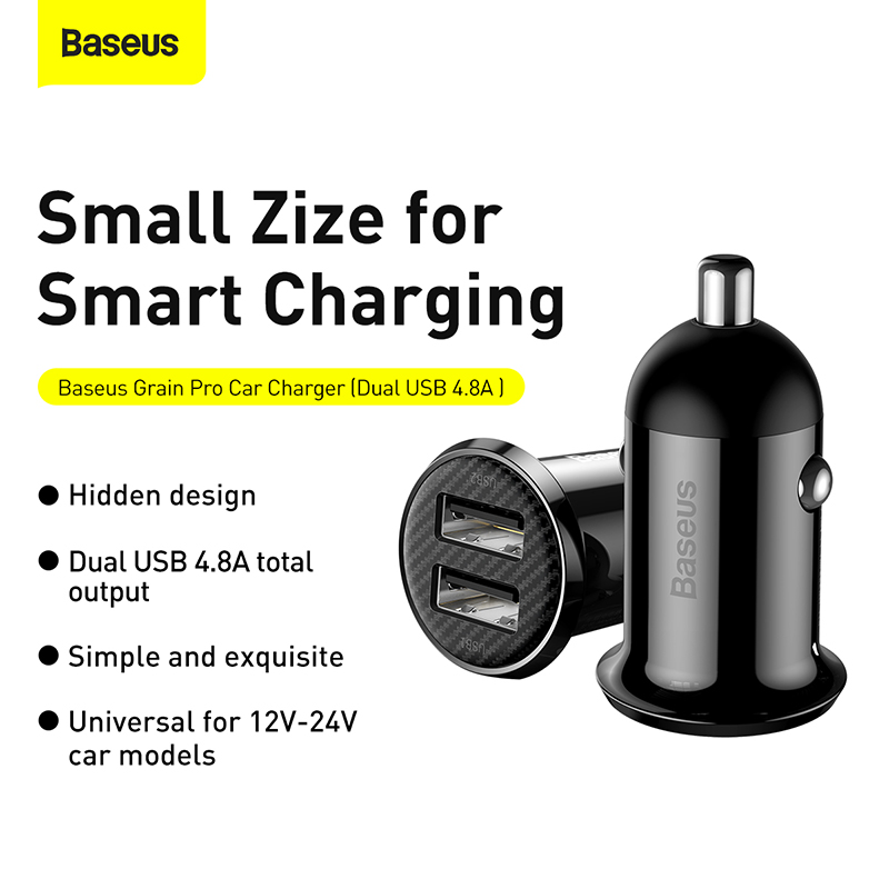 Tẩu Sạc Ô Tô Baseus Grain Pro Mini | 2 Cổng USB 4.8A Sạc Kép An Toàn