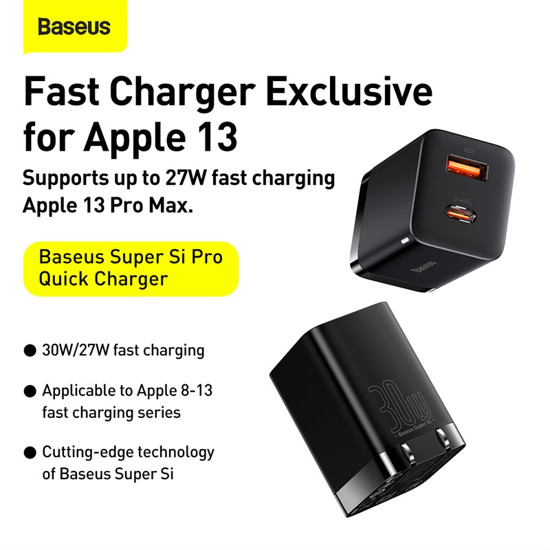 Cốc sạc nhanh siêu nhỏ gọn Baseus Super Si Pro Quick Charger C+U 30W