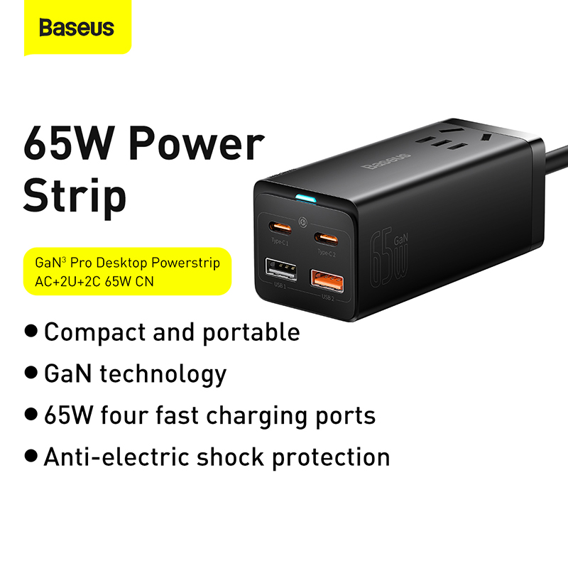 Trạm Sạc Baseus GaN3 Pro 65W 5 Cổng | AC + 2USB + 2Type-C, Sạc Nhanh Laptop, Điện Thoại