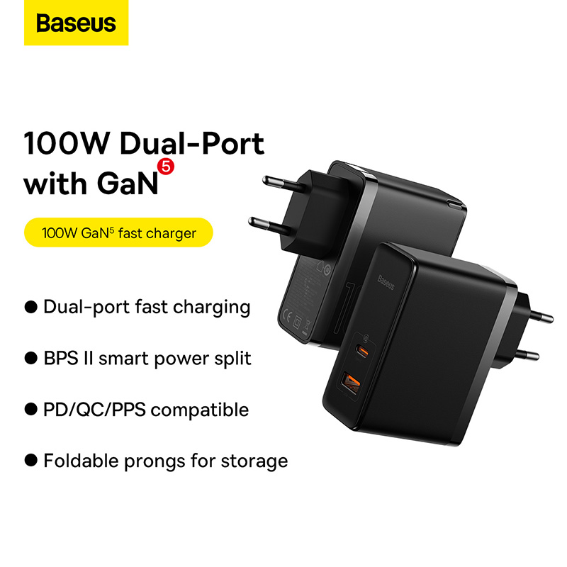 Bộ Sạc Baseus GaN5 Pro 100W | 2 Cổng Type-C & USB, Kèm Cáp, Sạc Laptop, Macbook & Điện Thoại