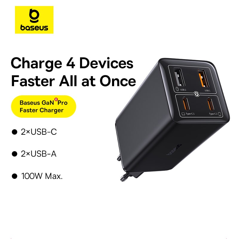 Cốc Sạc Baseus GaN6 Pro 100W 4 Cổng | Kèm Cáp 100W, Sạc Laptop & Điện Thoại, 2Type-C + 2USB