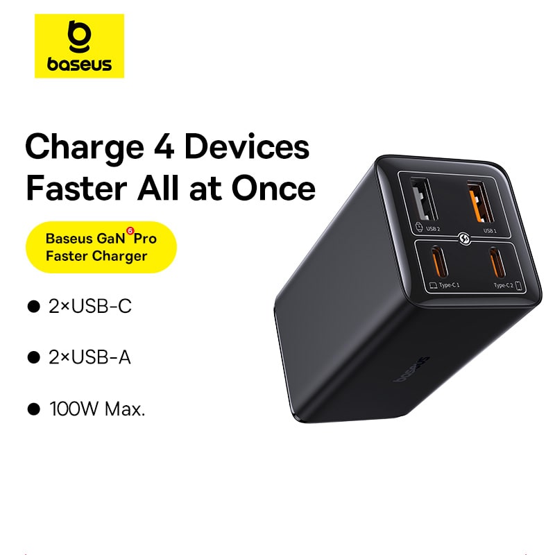Bộ Cốc Sạc Baseus GaN6 Pro 100W | 4 Cổng Sạc 2Type-C 2USB, Kèm Cáp Type-C 100W
