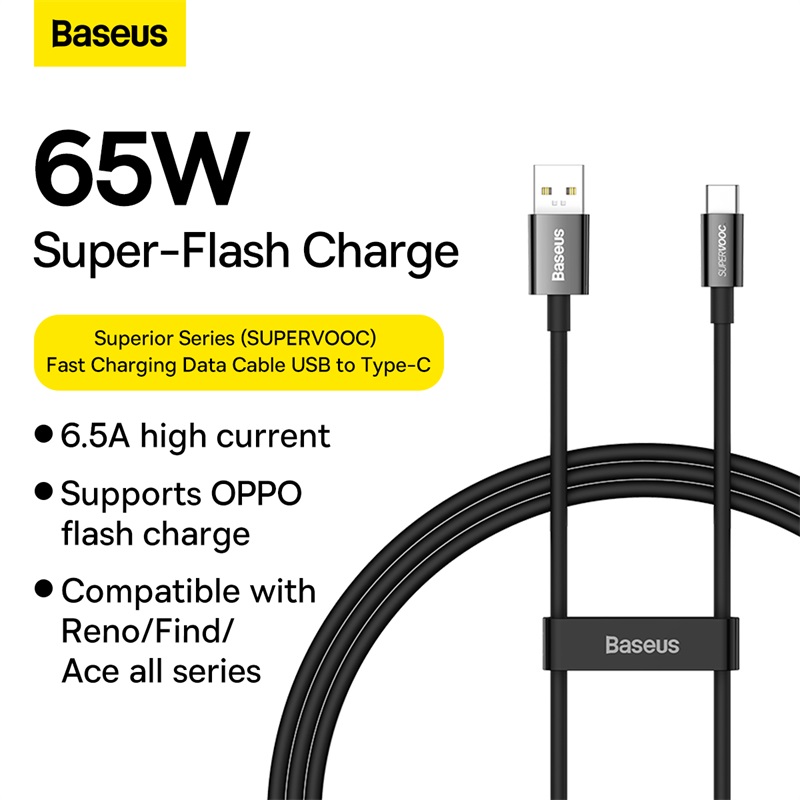 Cáp Sạc Baseus Superior 6.5A 65W USB sang Type-C | Hỗ Trợ Chuẩn Sạc SUPERVOOC