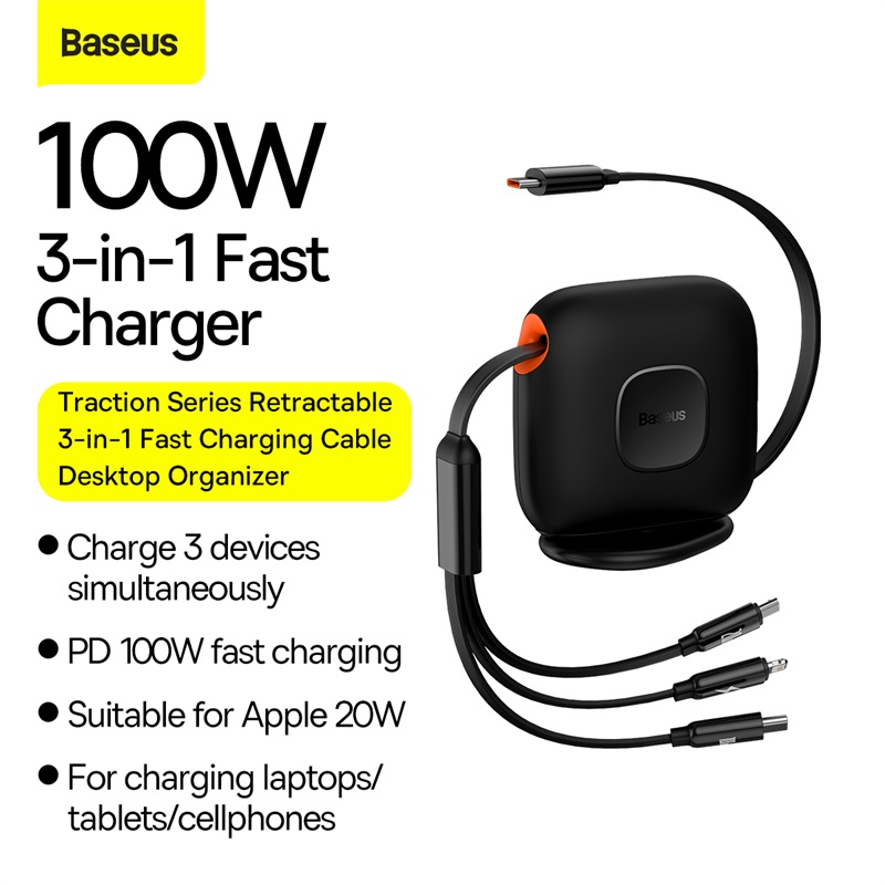 Cáp Sạc Rút Gọn Baseus 100W 3 in 1 | Sạc Nhanh Laptop & Điện Thoại, Gọn Gàng, Type-C to M+L+C