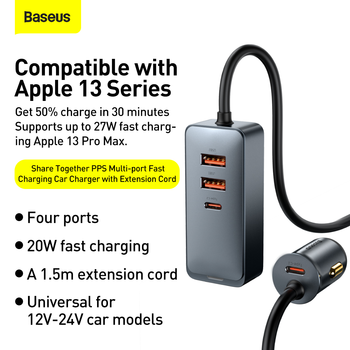 Tẩu sạc nhanh mở rộng 4 Port Baseus Share Together Extention Car Charger 120W (Extention up to 4 Port * 30W, QC/ PD/PPS Fast Charging)