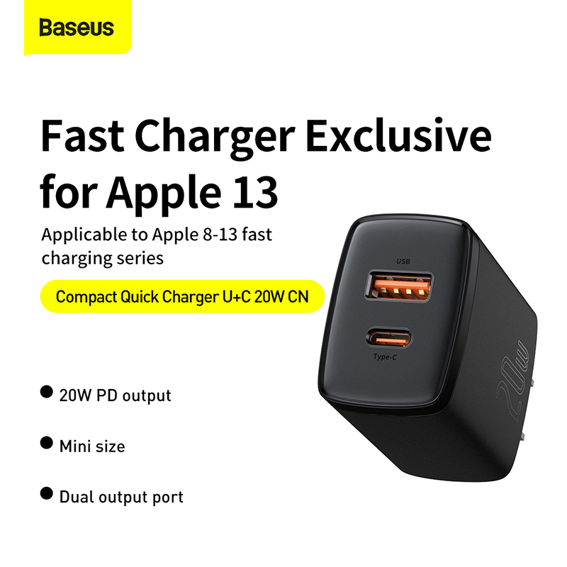 Cốc Sạc Nhanh Baseus Compact 20W | 2 Cổng USB & Type-C, Sạc Cùng Lúc 2 Thiết Bị