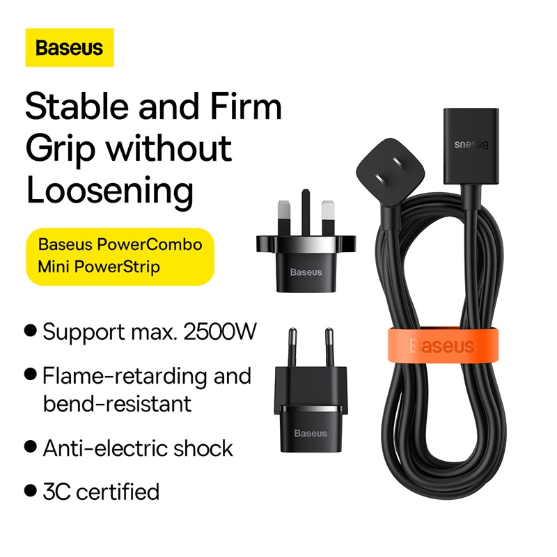 Ổ Cắm Nối Dài Baseus PowerCombo 1.0m | Kèm Đầu Chuyển Du Lịch UK/EU, Chịu Tải 2500W