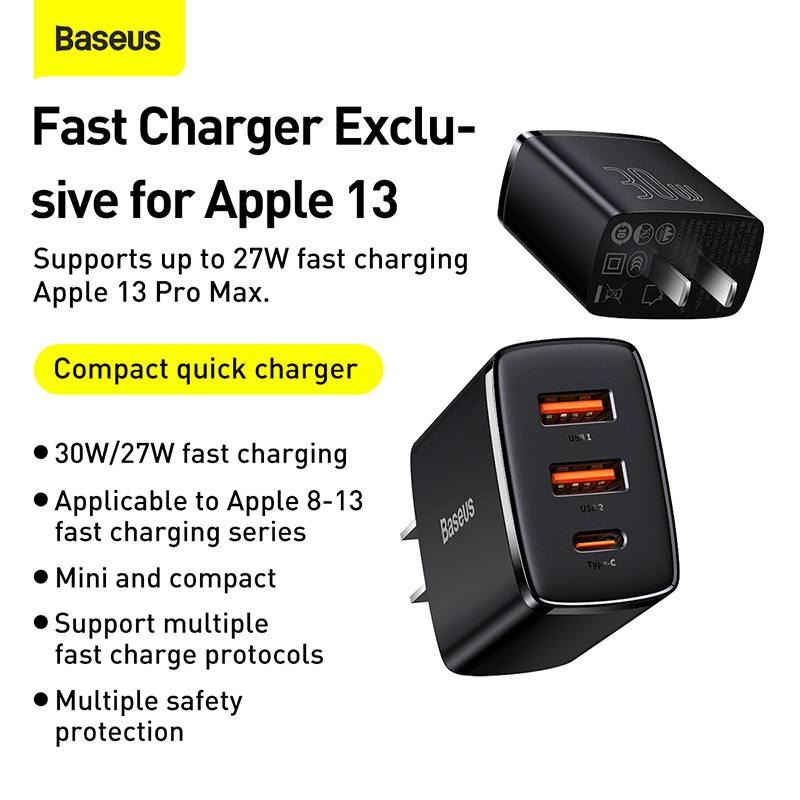 Củ Sạc Baseus Compact 30W Đa Năng 3 Cổng | 2 USB + 1 Type-C, Sạc Cùng Lúc 3 Thiết Bị