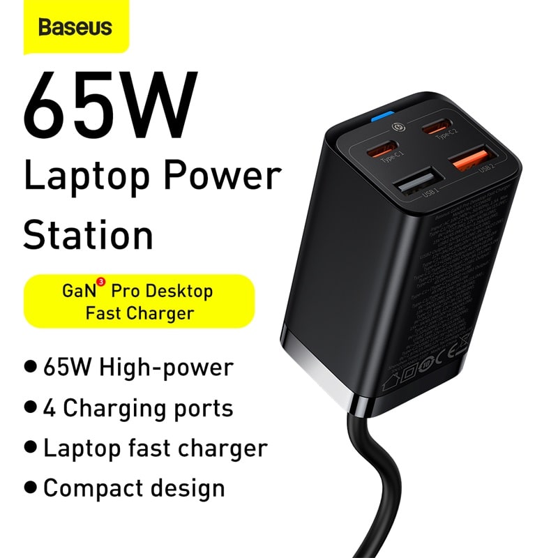 Bộ Sạc Nhanh Để Bàn Baseus GaN3 Pro 65W | 4 Cổng Type-C USB Nối Dài Sạc Laptop Điện Thoại