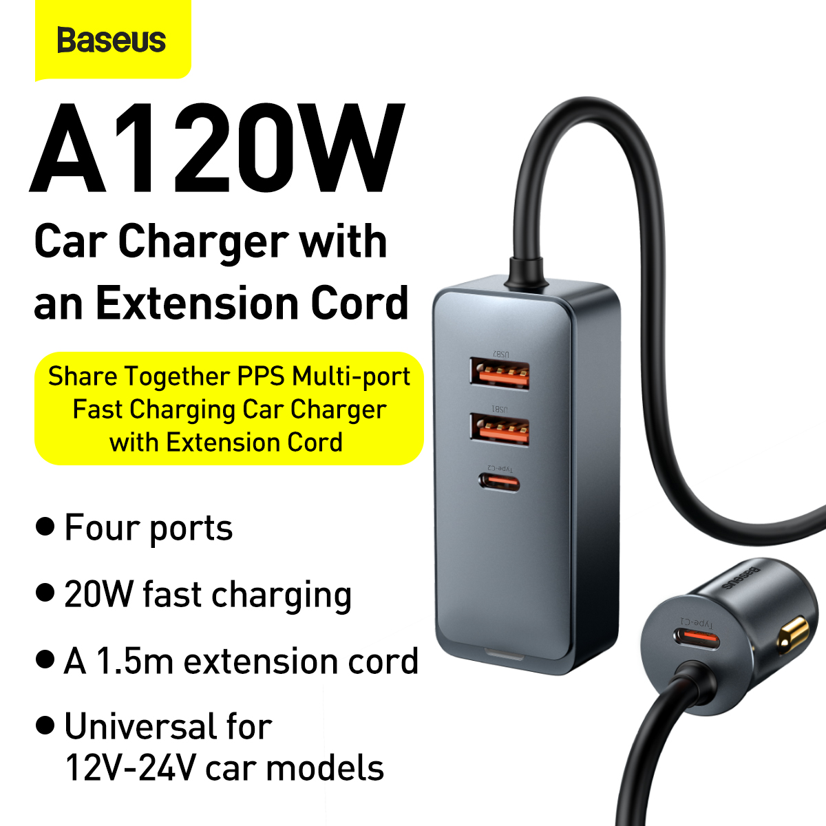 Tẩu sạc nhanh mở rộng 4 Port Baseus Share Together Extention Car Charger 120W (Extention up to 4 Port * 30W, QC/ PD/PPS Fast Charging)