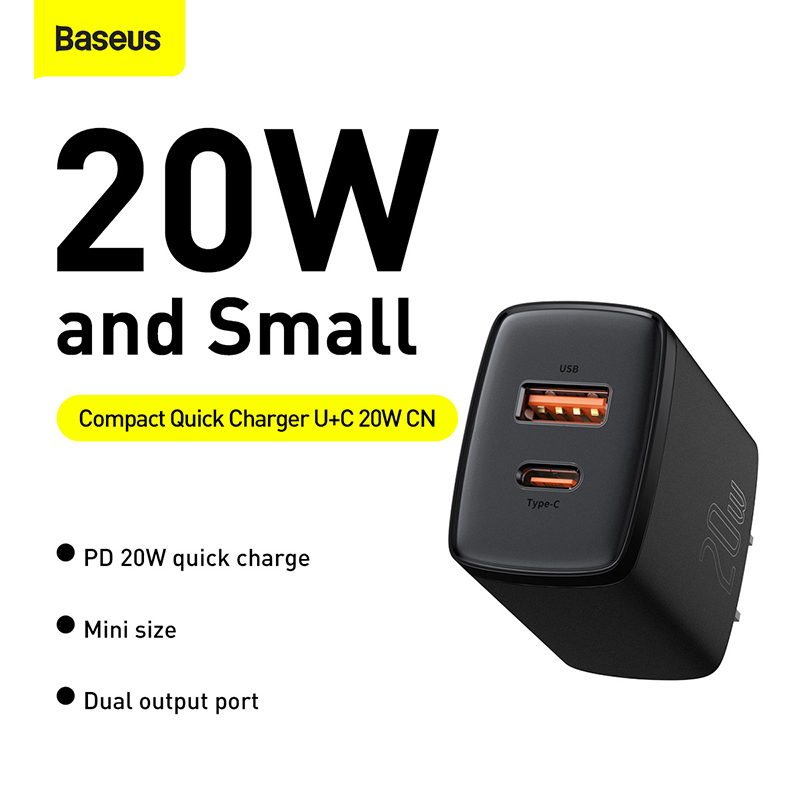 Cốc Sạc Nhanh Baseus Compact 20W | 2 Cổng USB & Type-C, Sạc Cùng Lúc 2 Thiết Bị